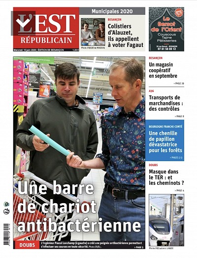 article de journal français de Juin 2020 avec un ingénieur et son tube individuel plastique antibactérien pour les poignées de chariot dans les supermarchés.