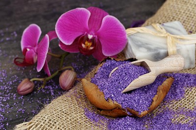 pink flowers and a lot of perfumed purple plastic granules and soap, fragrant