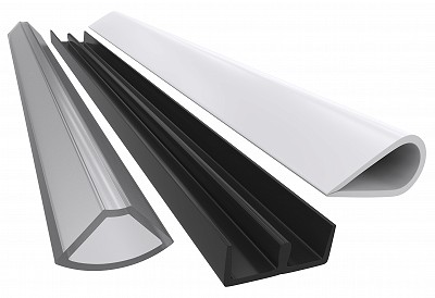 three antibacterial extruded plastic profiles transparent black and white on white background